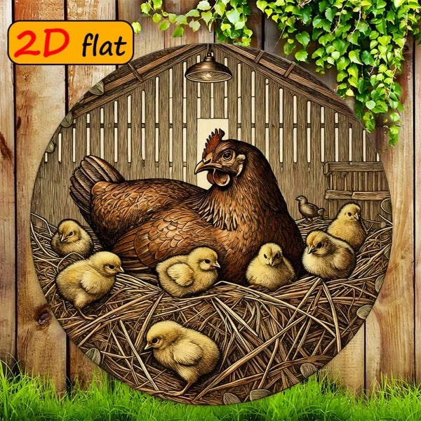 2D Flat Round Hen and Chick Metal Sign - 7.87 Inch Outdoor Decor