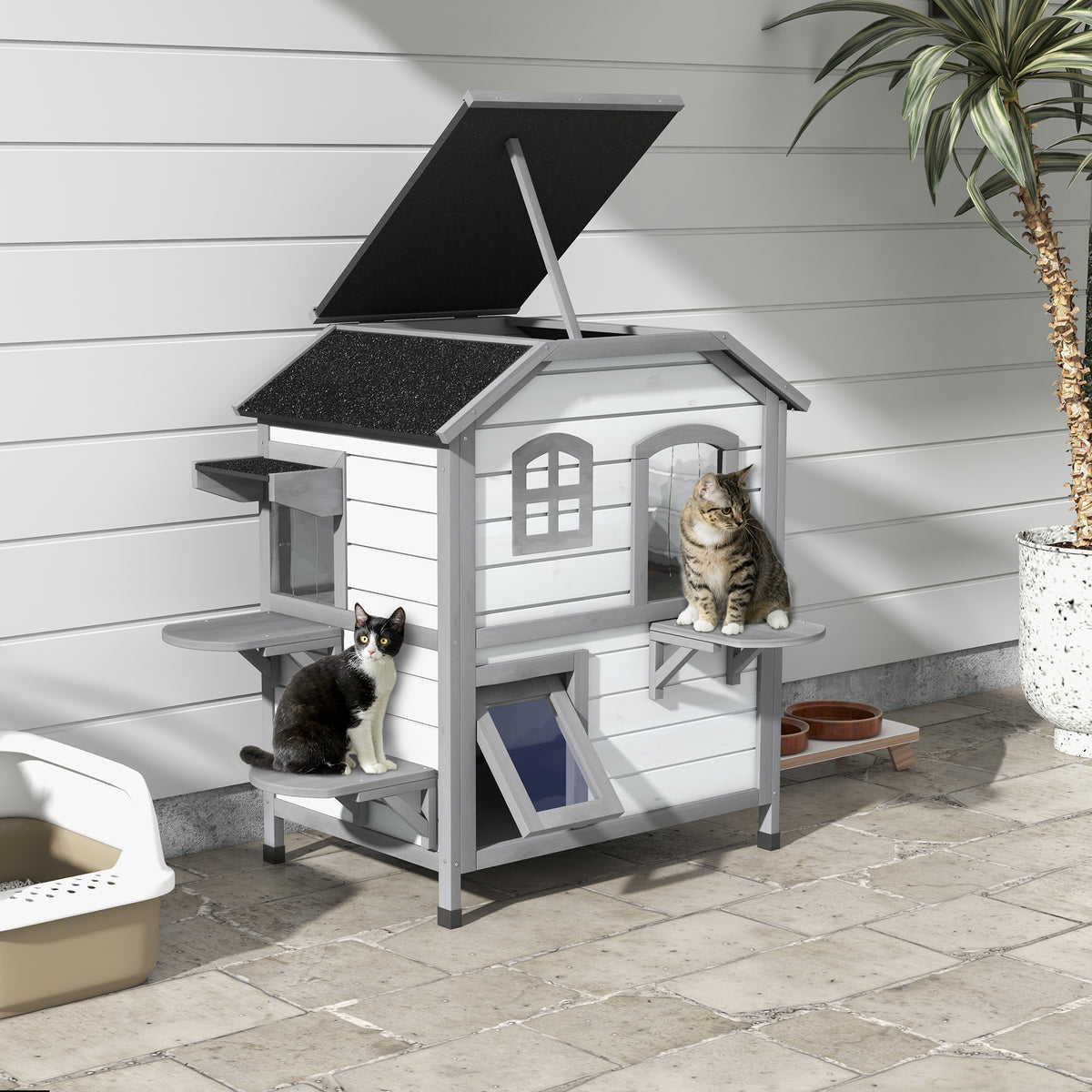 Wooden Outdoor Cat House with 2 Tiers and Openable Asphalt Roof - Feral Cat Shelter