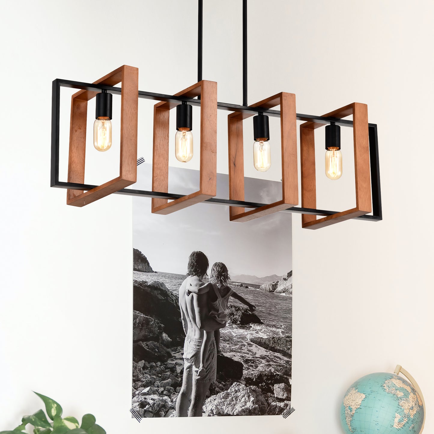 4-Light Farmhouse Pendant Light Fixture with Wooden Finish - Rustic Modern Chandelier for Kitchen & Dining