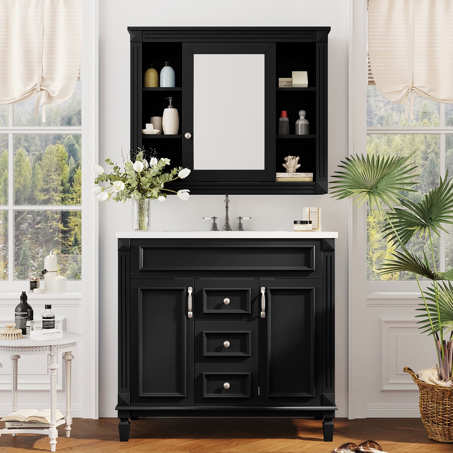 36'' Modern Bathroom Vanity with Black Mirror Cabinet & Sink