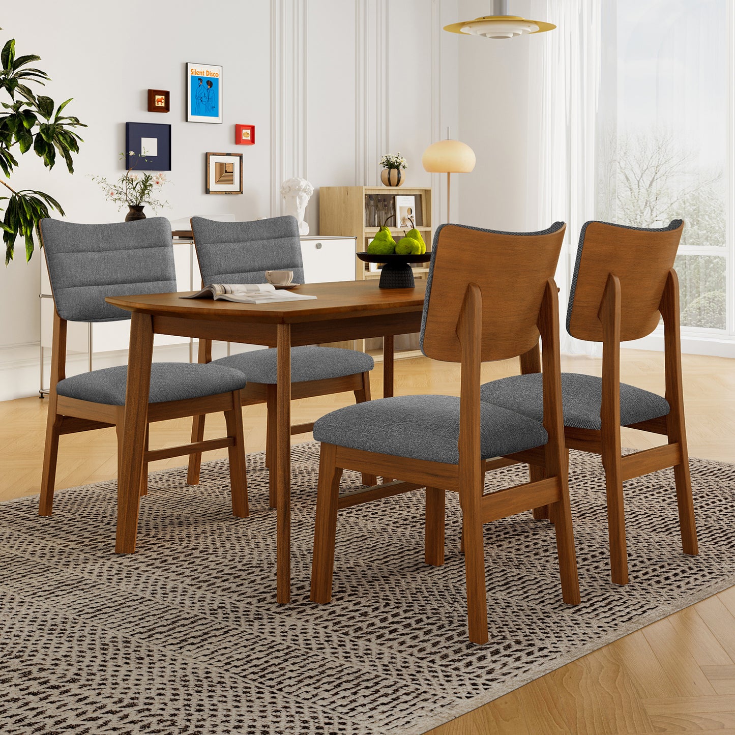 Farmhouse Dining Table Set for 4 with Upholstered Chairs - Brown & Gray