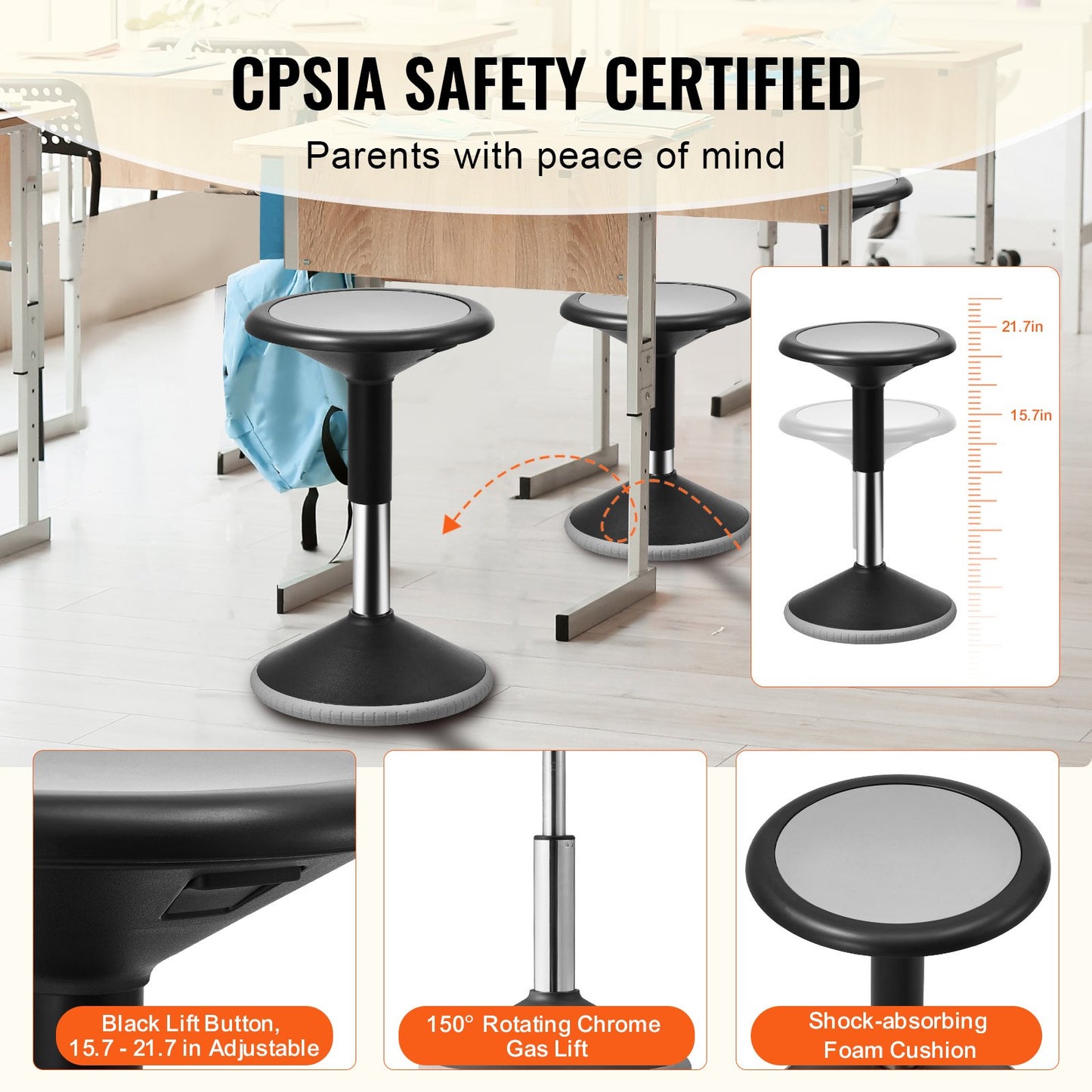 Height-Adjustable Wobble Chair for Active Sitting - Black
