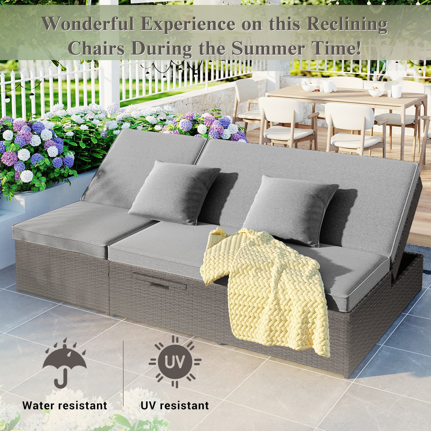 Outdoor Double Sunbed - Wicker Rattan Reclining Chairs for 2, Gray