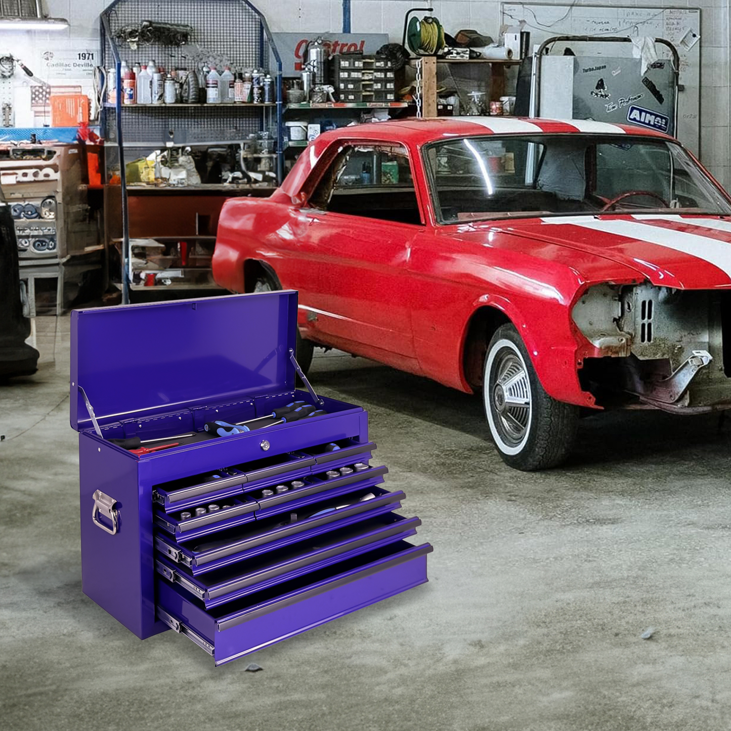 Purple Heavy Duty Metal Tool Box 24-Inch with 9 Drawers & Locking System