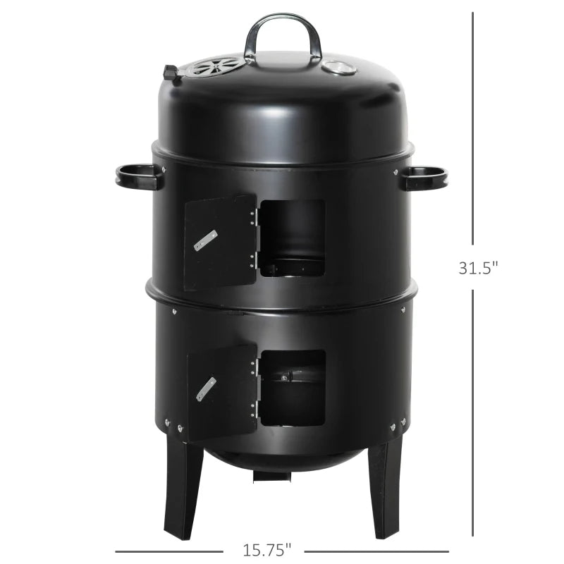 3-in-1 Vertical Charcoal BBQ Smoker Grill with Thermometer