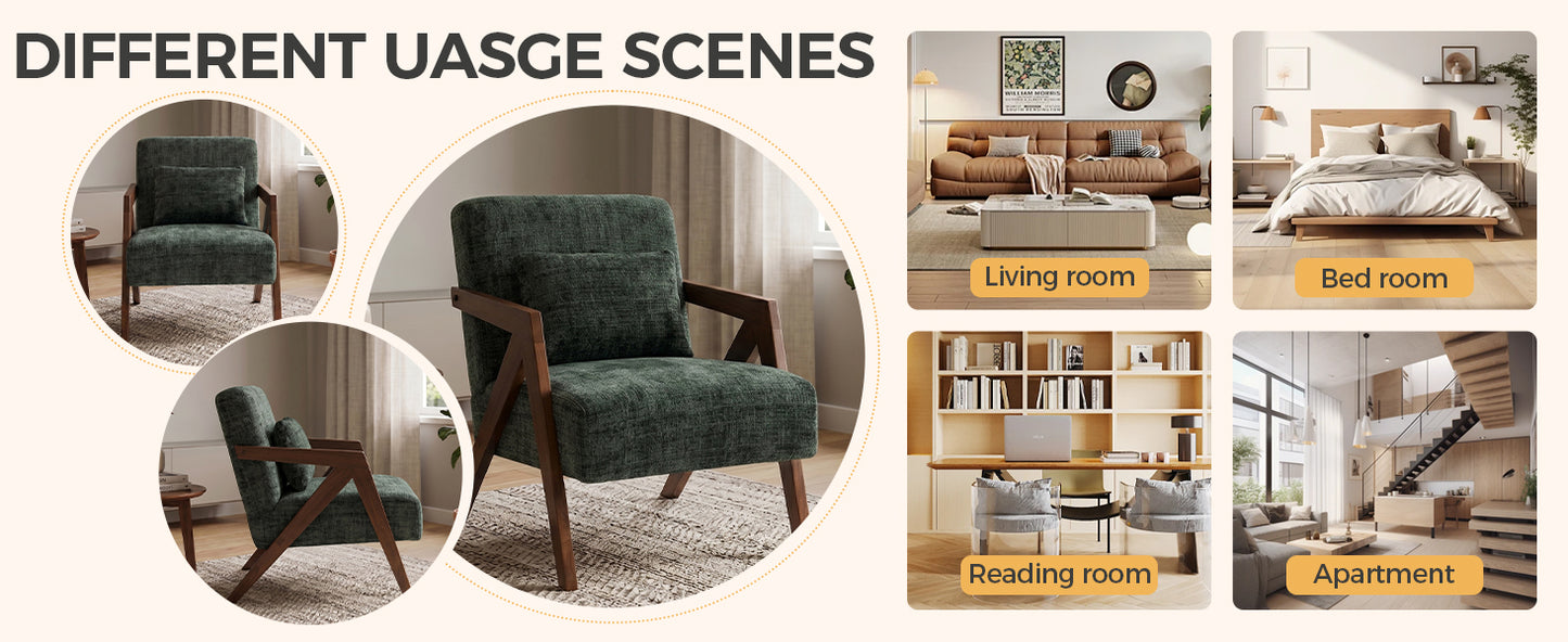 Mid-Century Modern Accent Chair - Dark Green Chenille Upholstered