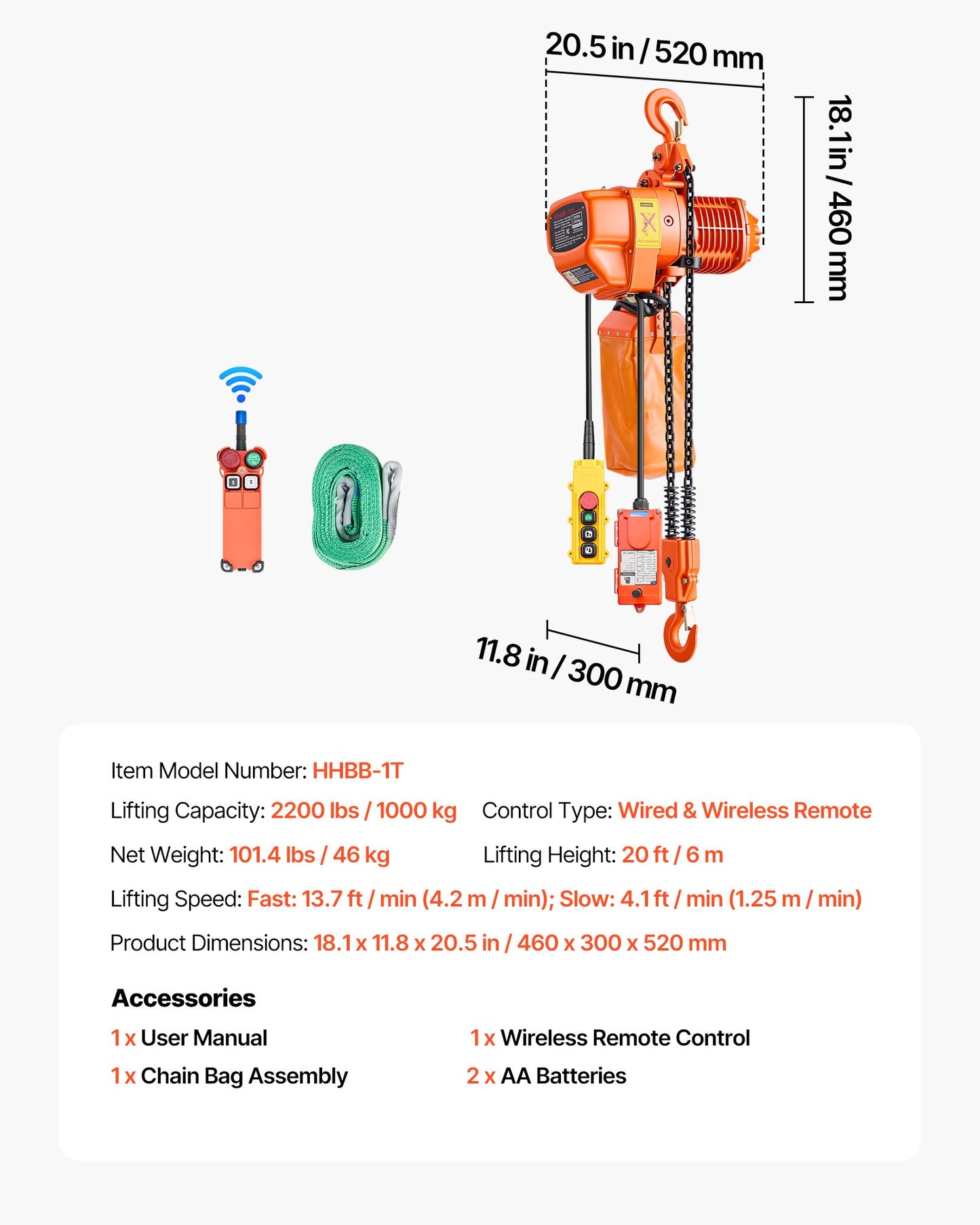 2200 Lb Electric Chain Hoist with 20 Ft Lift Height - Wireless & Wired Remote