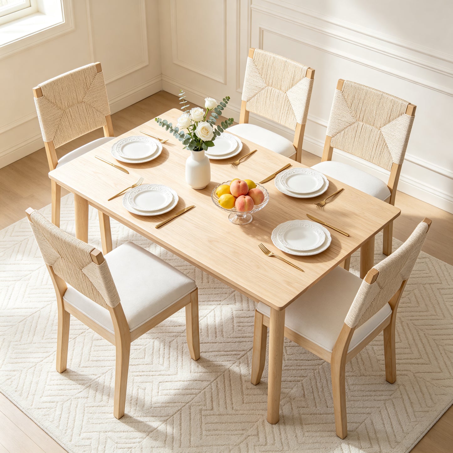 Beige Farmhouse Dining Chairs Set of 2 - Woven Back & Upholstered Seat