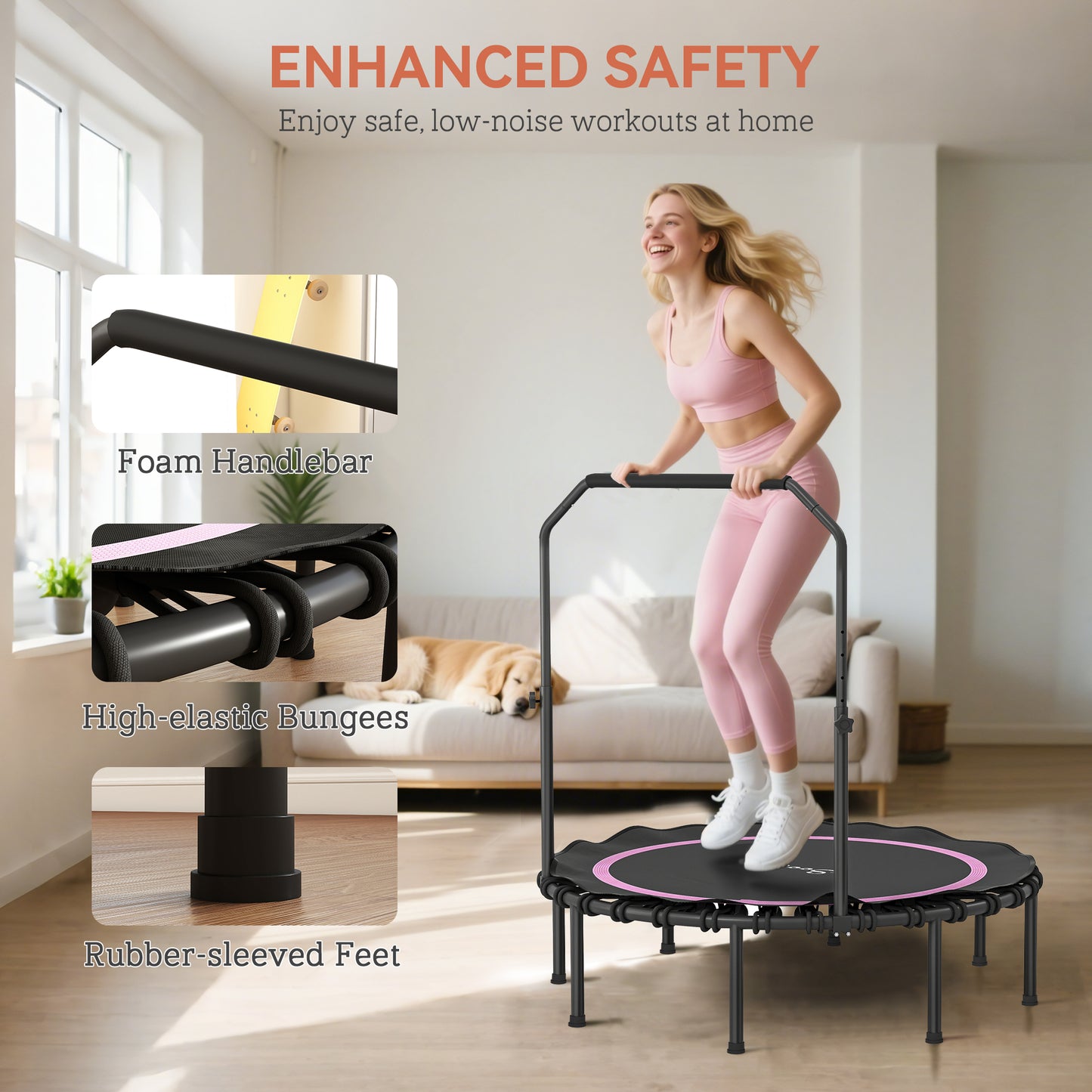 48" Foldable Mini Trampoline with Adjustable Handle - Pink