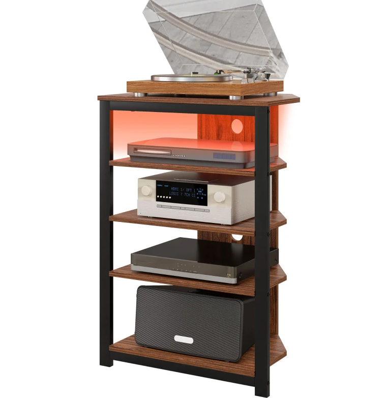 RGB LED TV Stand with Storage Shelves - Chestnut Brown
