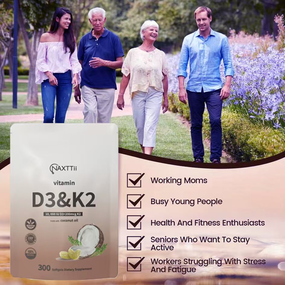 Vitamin D3 + K2 Softgels with Coconut Oil - 300 Capsules for Bone & Heart