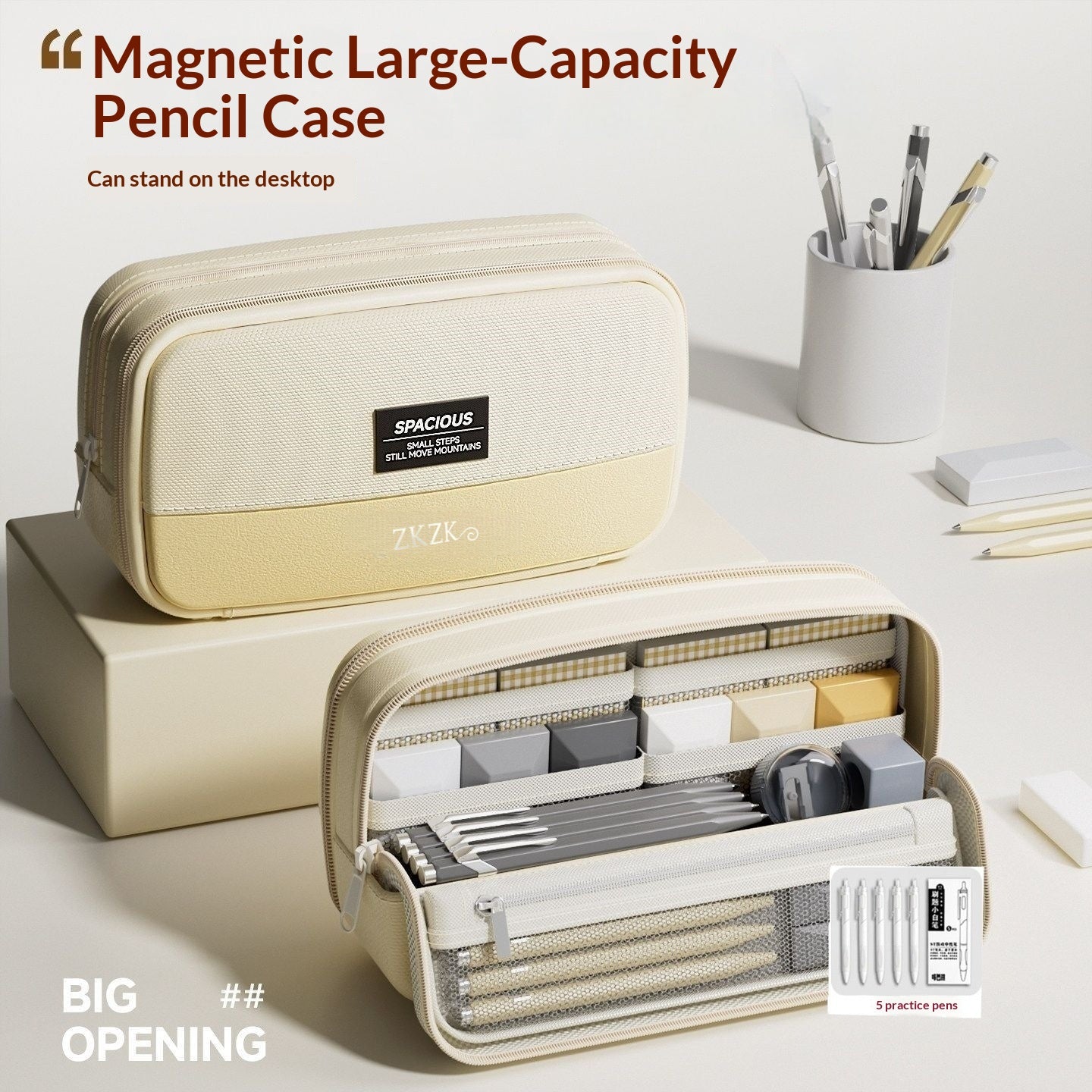 Large Capacity Magnetic Pencil Case Unisex Storage Bag Office & School Supply