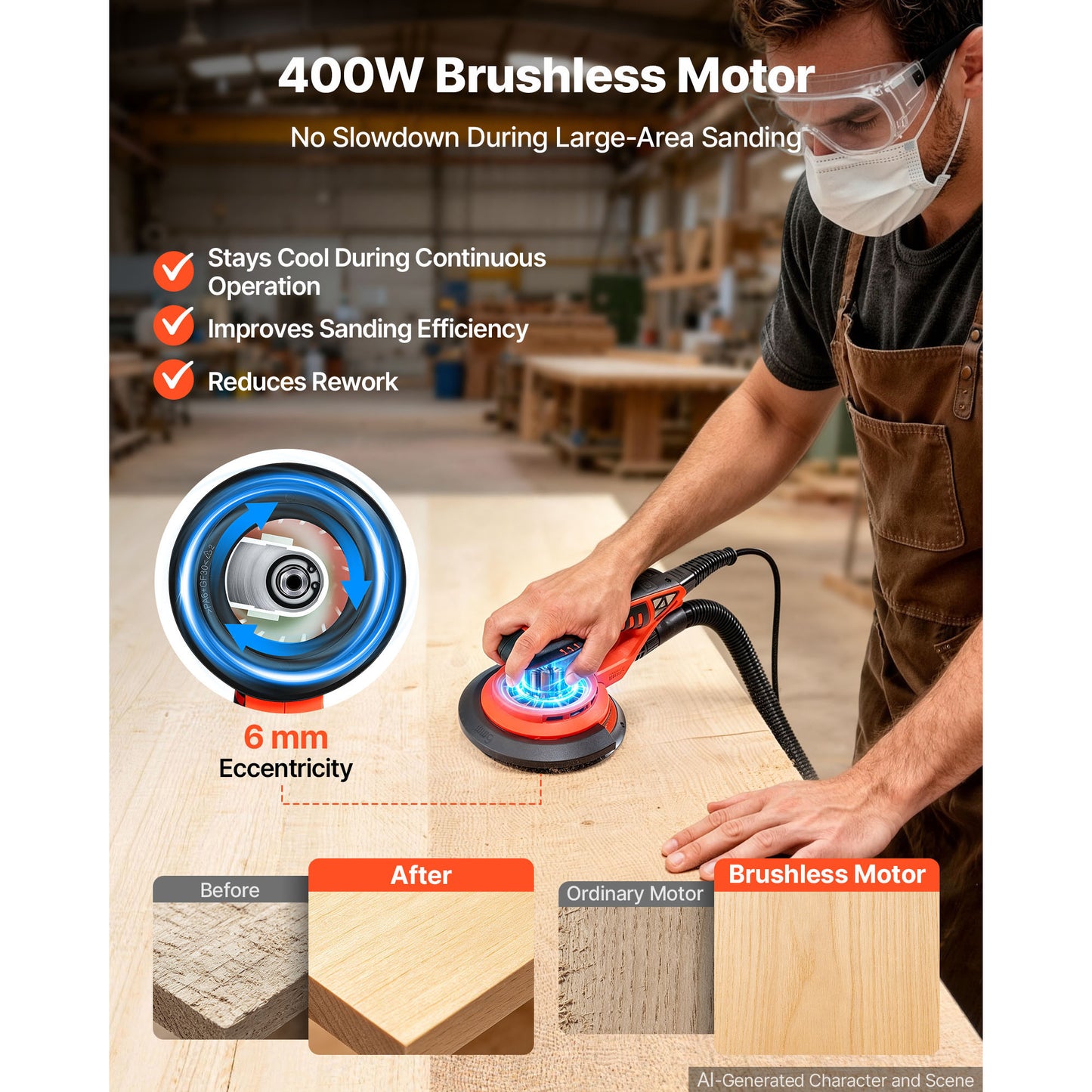 Vevor 6-Inch Random Orbital Sander 400W Brushless 7-Speed Woodworking Tool with Sandpapers