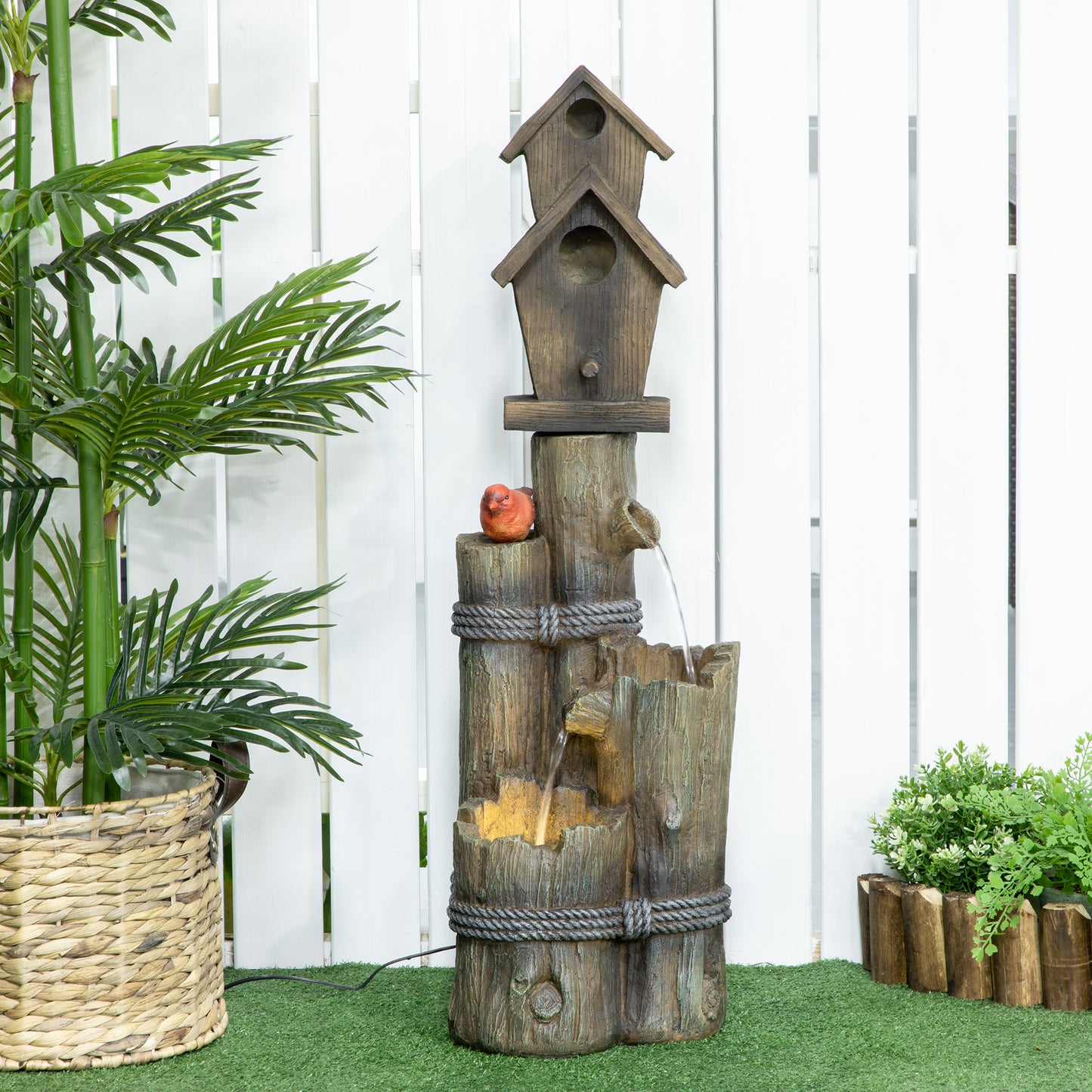 Outdoor Garden Fountain with Birdhouse and LED Lights - Rustic Tree Trunk Design