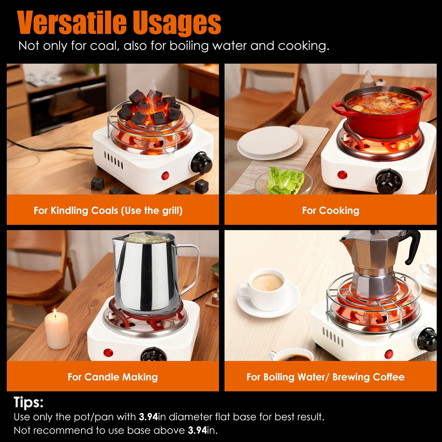 500W Electric Charcoal Burner with Thermostat Control & Tongs