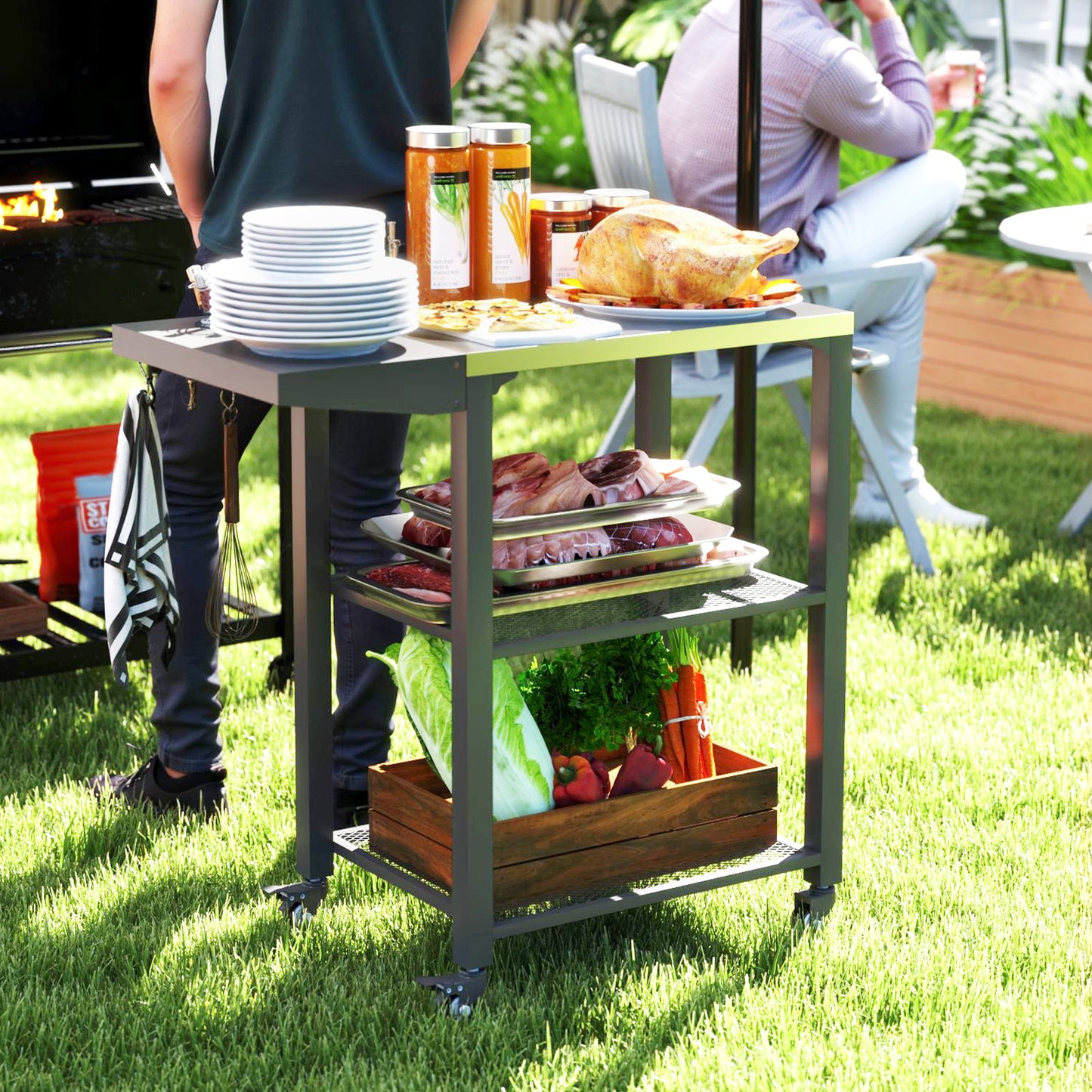 Three-Shelf Stainless Steel Outdoor Grill Cart with Foldable Side Table