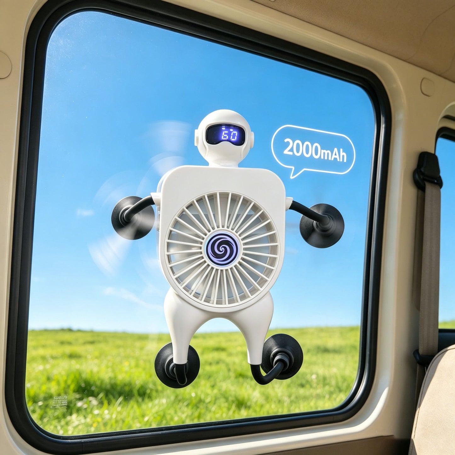 Rechargeable 2000mAh Mini Fan with Suction Cup & Flexible Arms - White