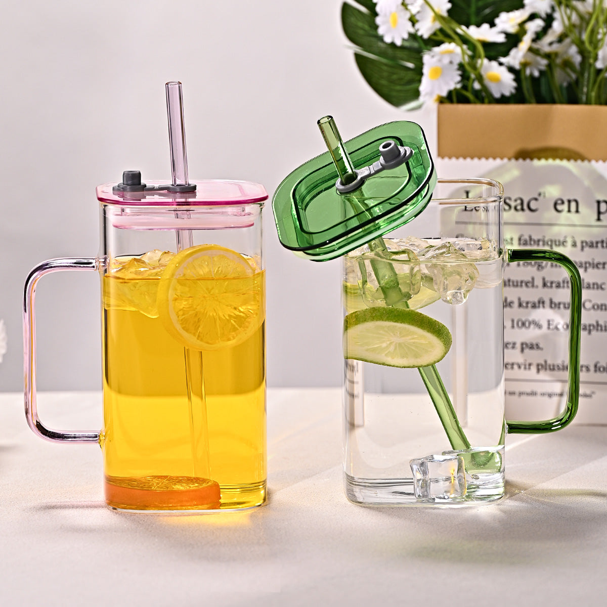 Green Square Glass Straw Cup - High Borosilicate Drinkware