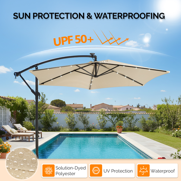 10FT Round Patio Hanging Umbrella with LED Lights - Khaki