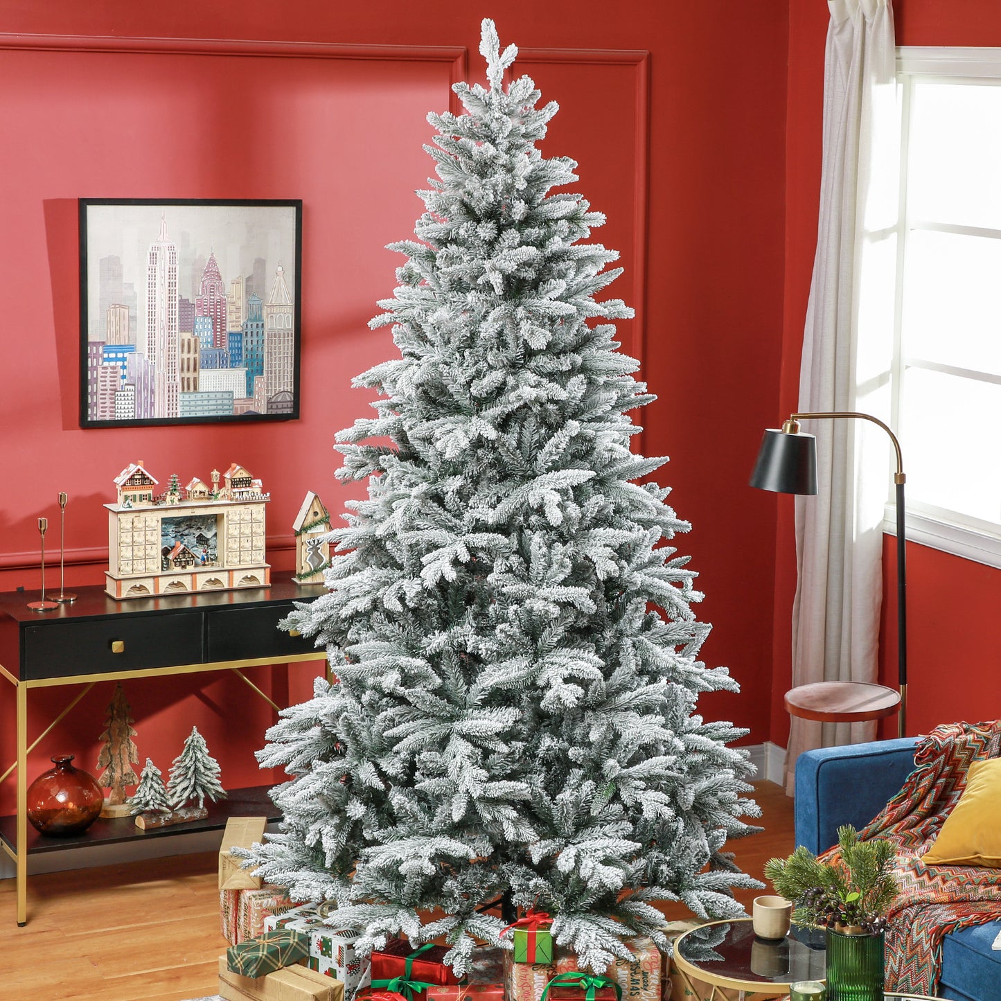 8ft Snow-Flocked Christmas Tree with Hinged Branches - Green