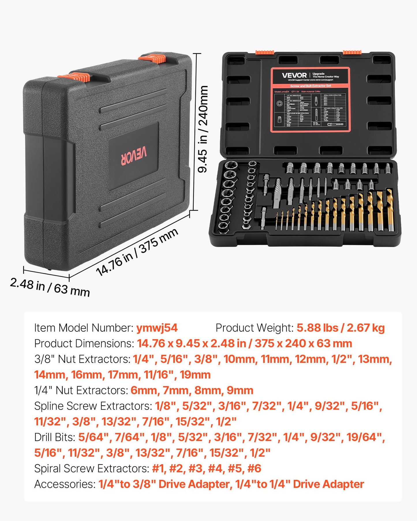 54-Piece Screw Extractor Set with Drill Bits for Damaged Fasteners - Black