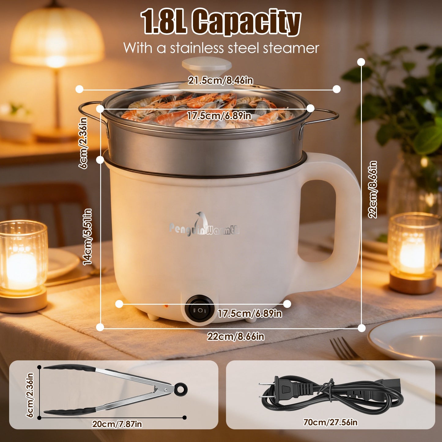 1.8L Portable Electric Hot Pot with Steamer - Dual Power