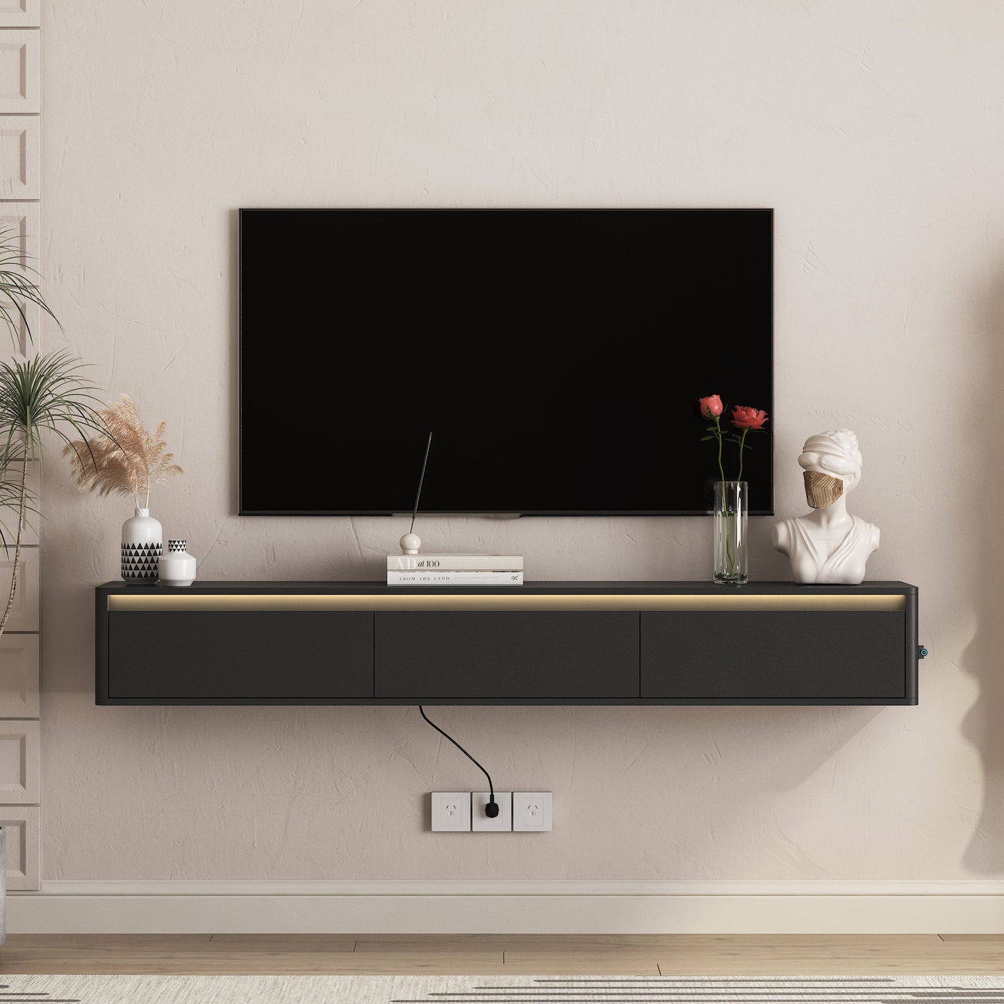 Wall Mounted Floating TV Stand with LED Lights & Power Outlet - Black