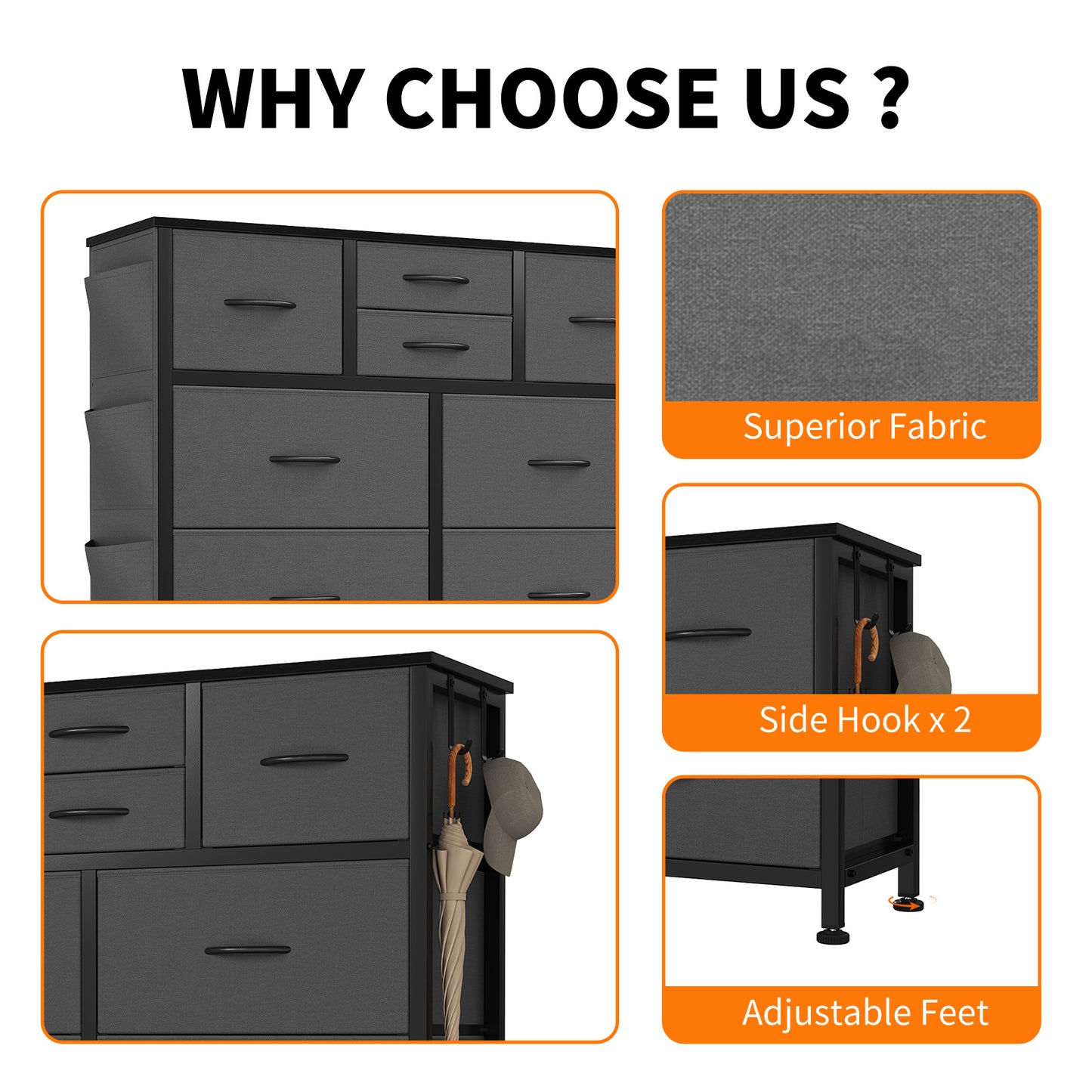 10-Drawer Storage Cabinet with Side Pocket & Hooks - Gray