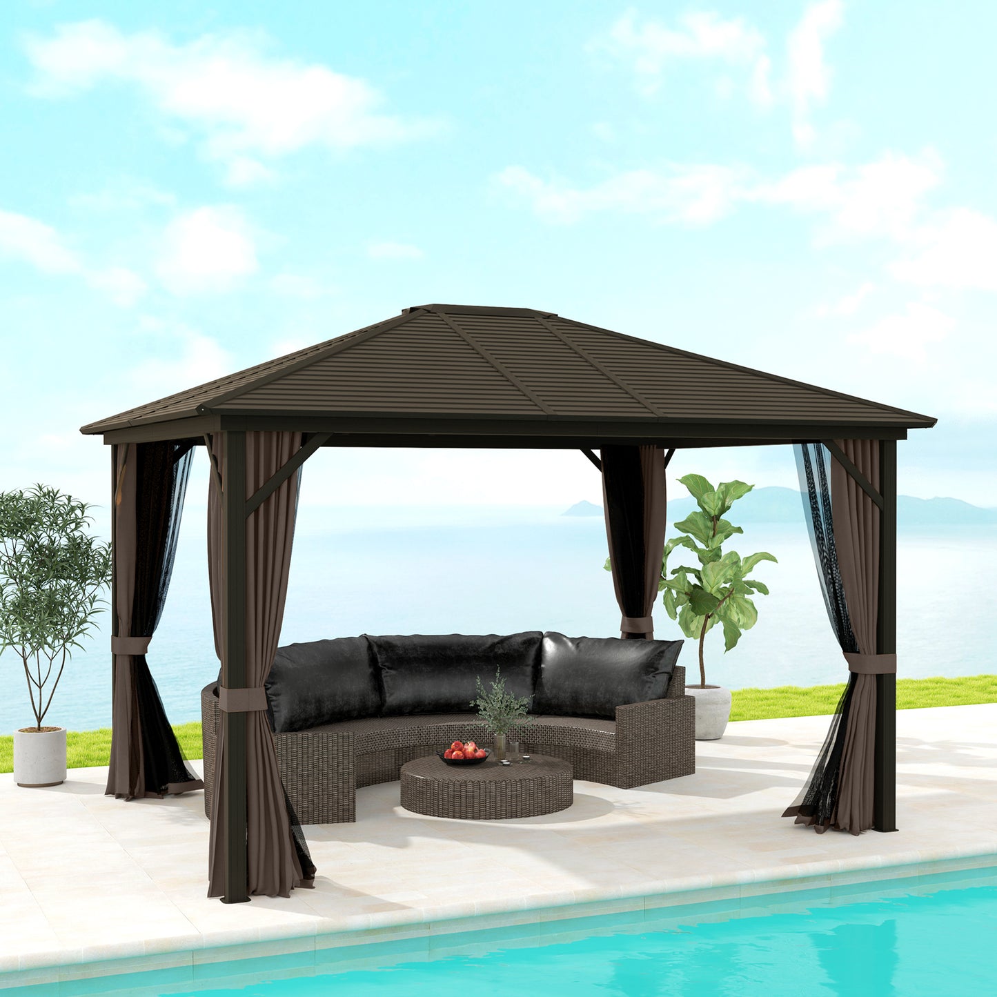 10x12 Hardtop Gazebo with Curtains & Netting - Coffee