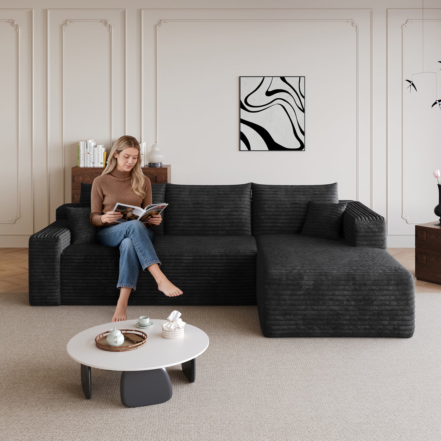 95" Cloud Sectional Sofa - Modern U Shaped Couch in Black Fabric