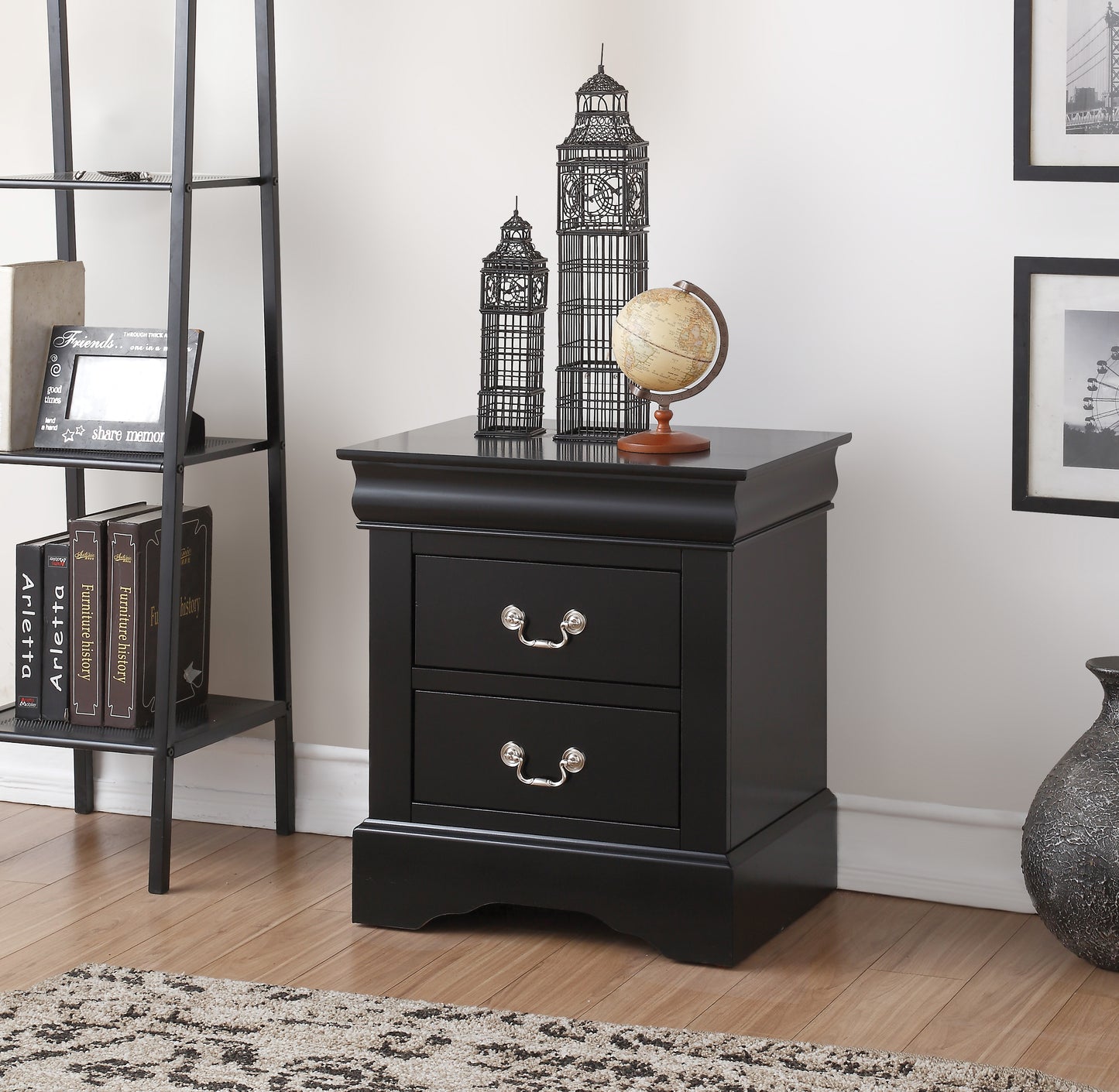 Black Finish Philippe III Nightstand with 2 Drawers