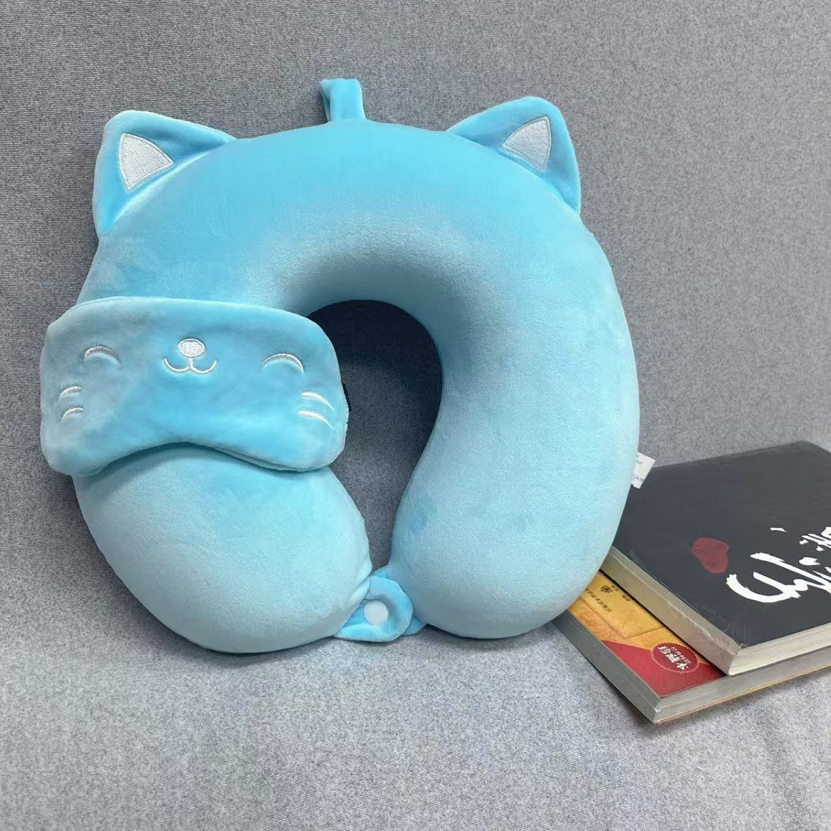Cute Cat Memory Foam U-Shaped Neck Pillow with Attached Eye Mask - Travel & Nap Support