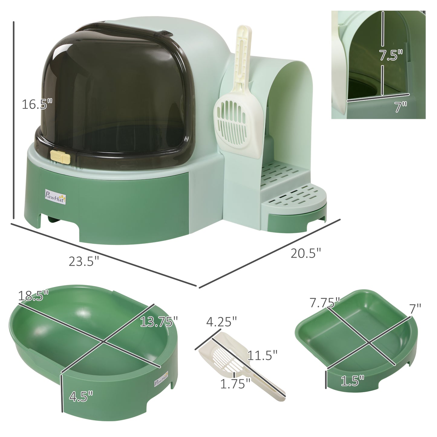 Open-Front Cat Litter Box with Scoop - Spacious, Easy to Clean, Green