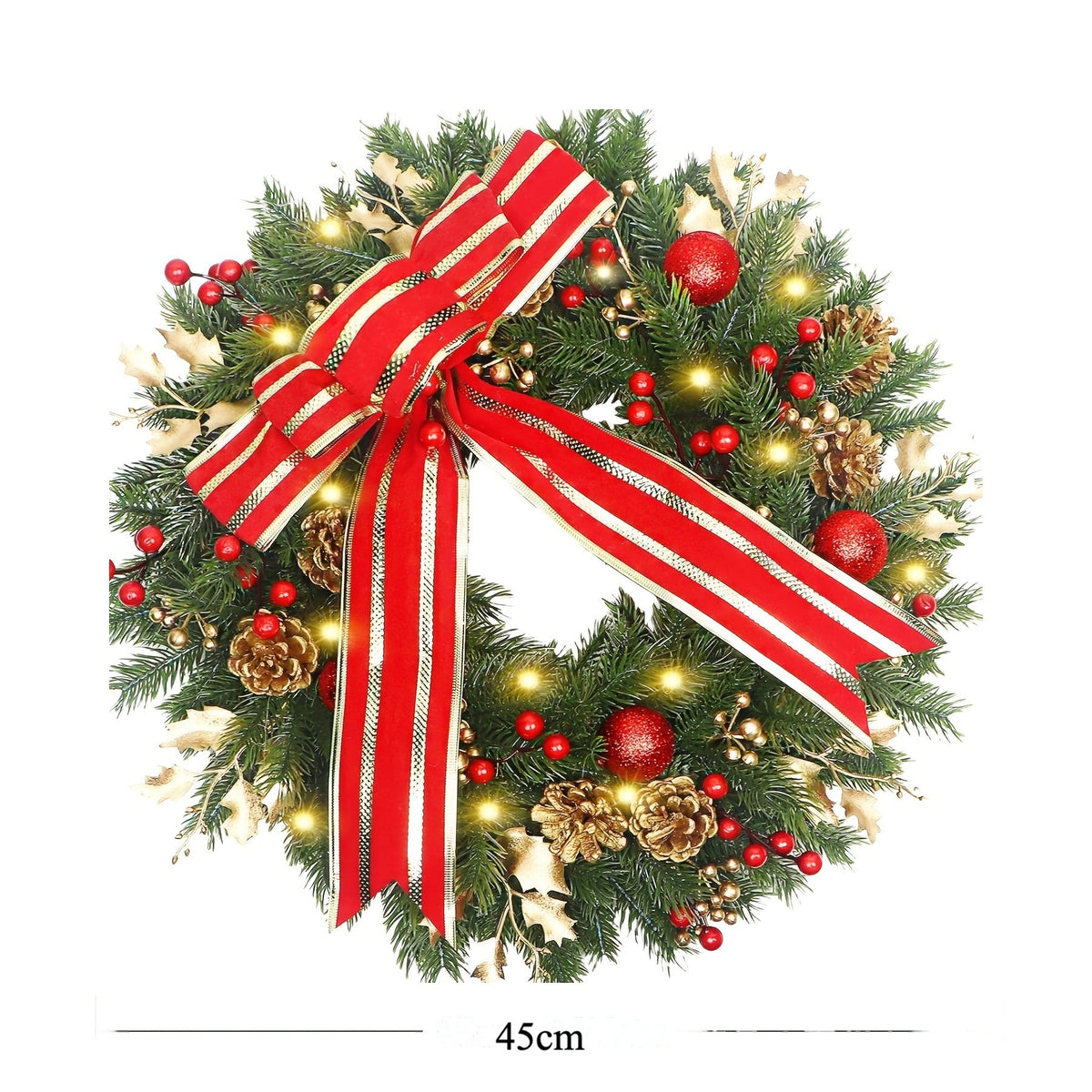 Christmas Artificial Flower Wreath with Striped Bow - 45cm Holiday Decor