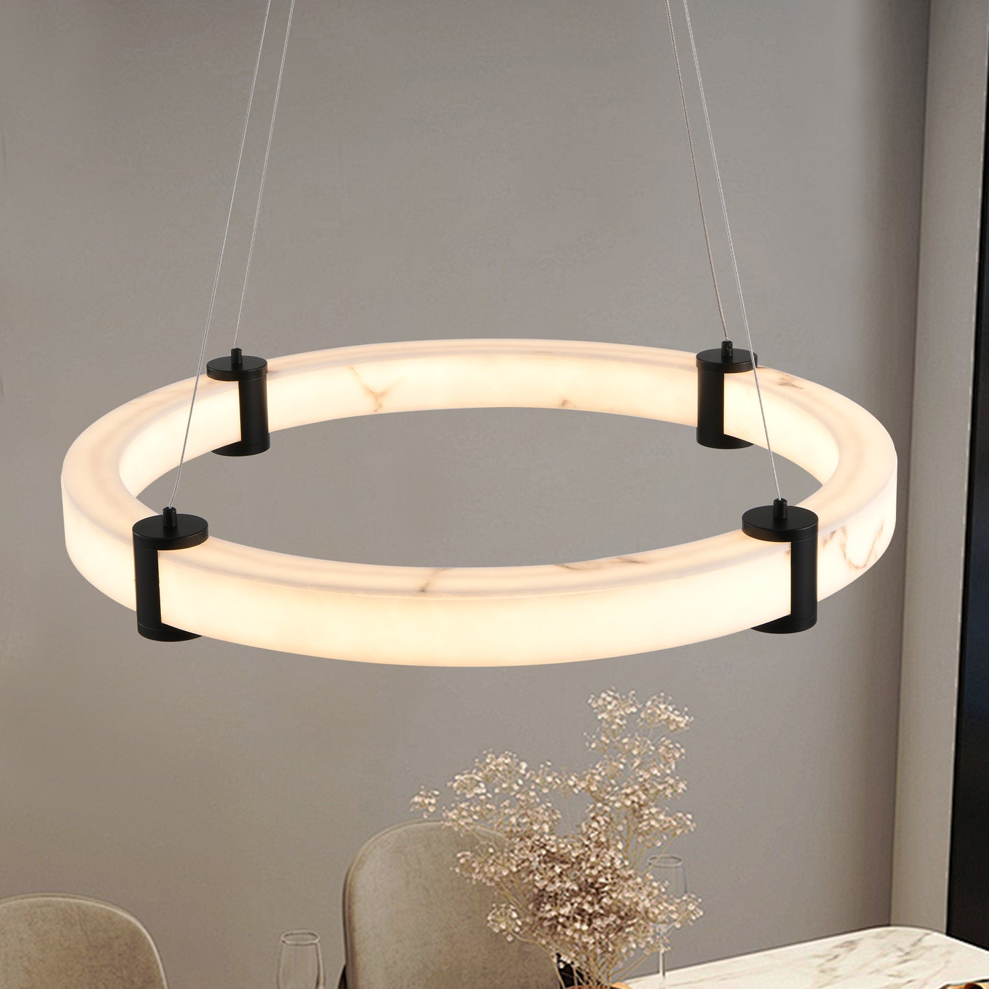 Modern LED Pendant Light 24-Inch Round Chandelier with Adjustable Height White