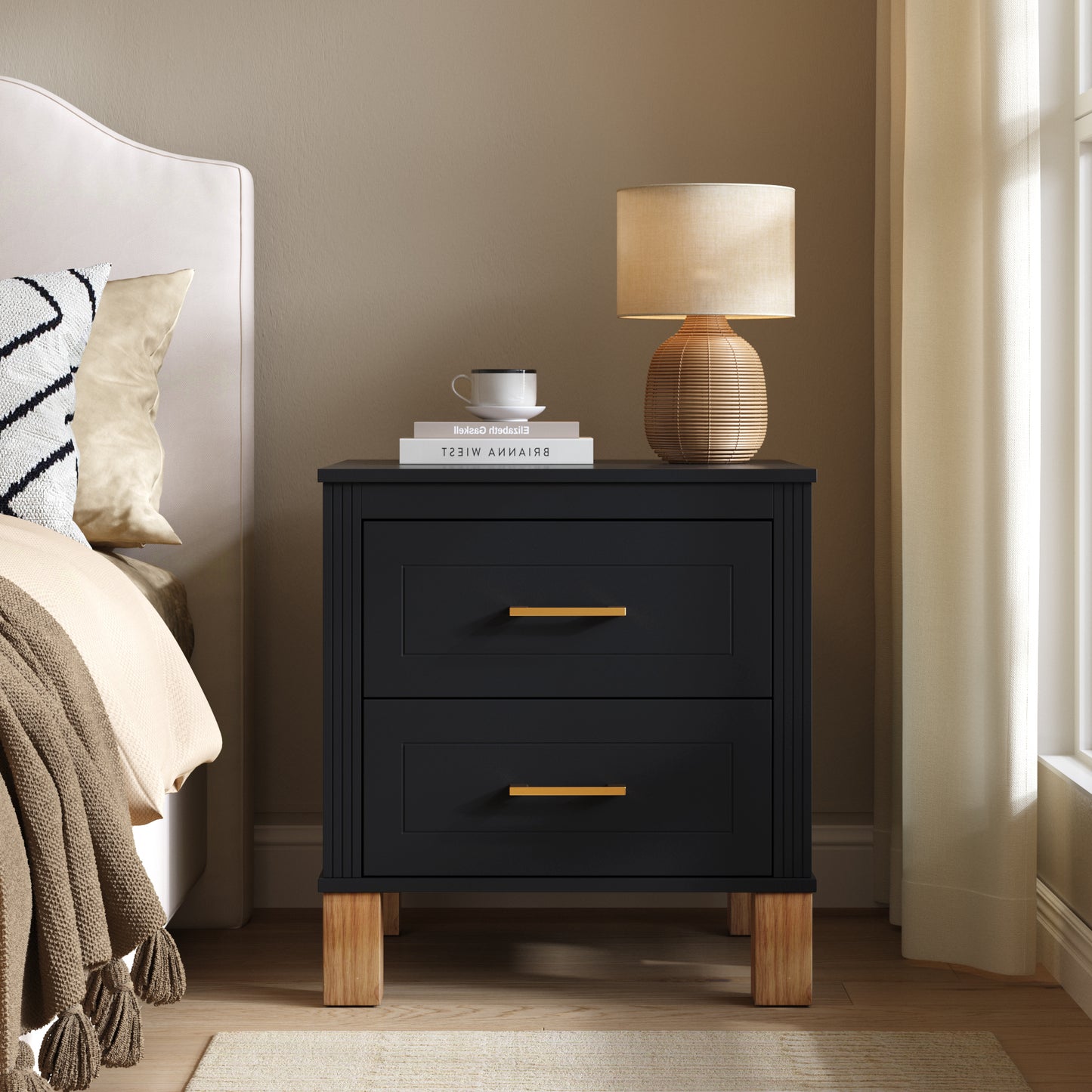 2 Drawer Nightstand with Elegant Fluted Design - Black