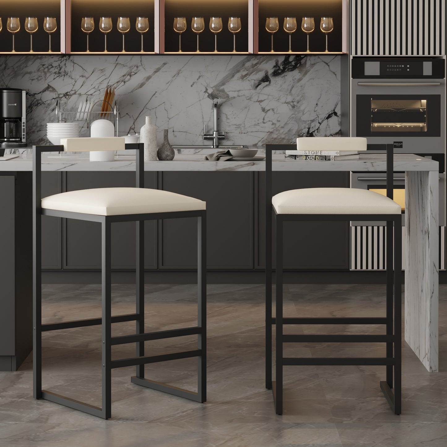 Set of 2 Modern Faux Leather Bar Stools - Beige
