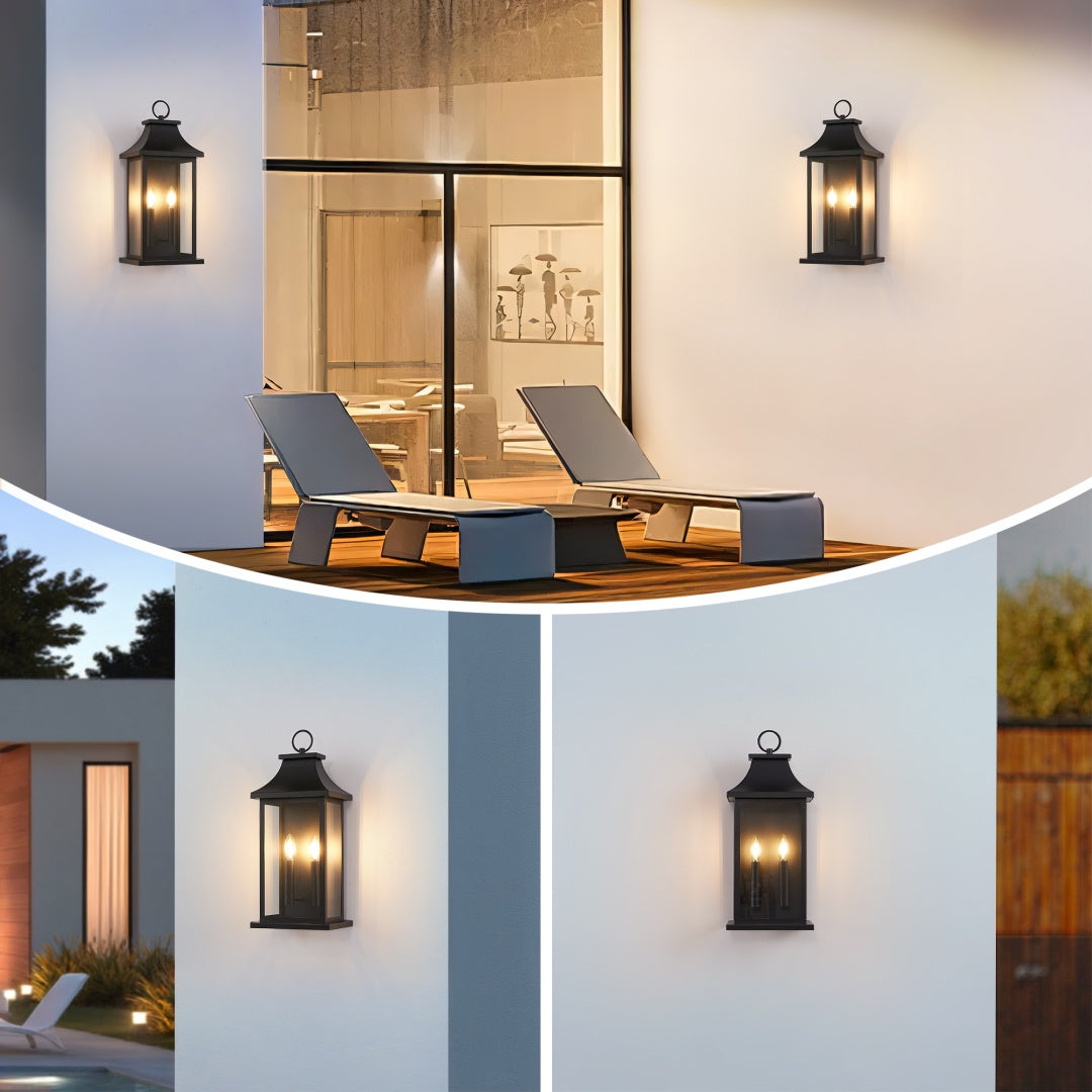 Large 22-Inch Outdoor Wall Lantern Two-Light Black Sconce with Glass Waterproof Fixture