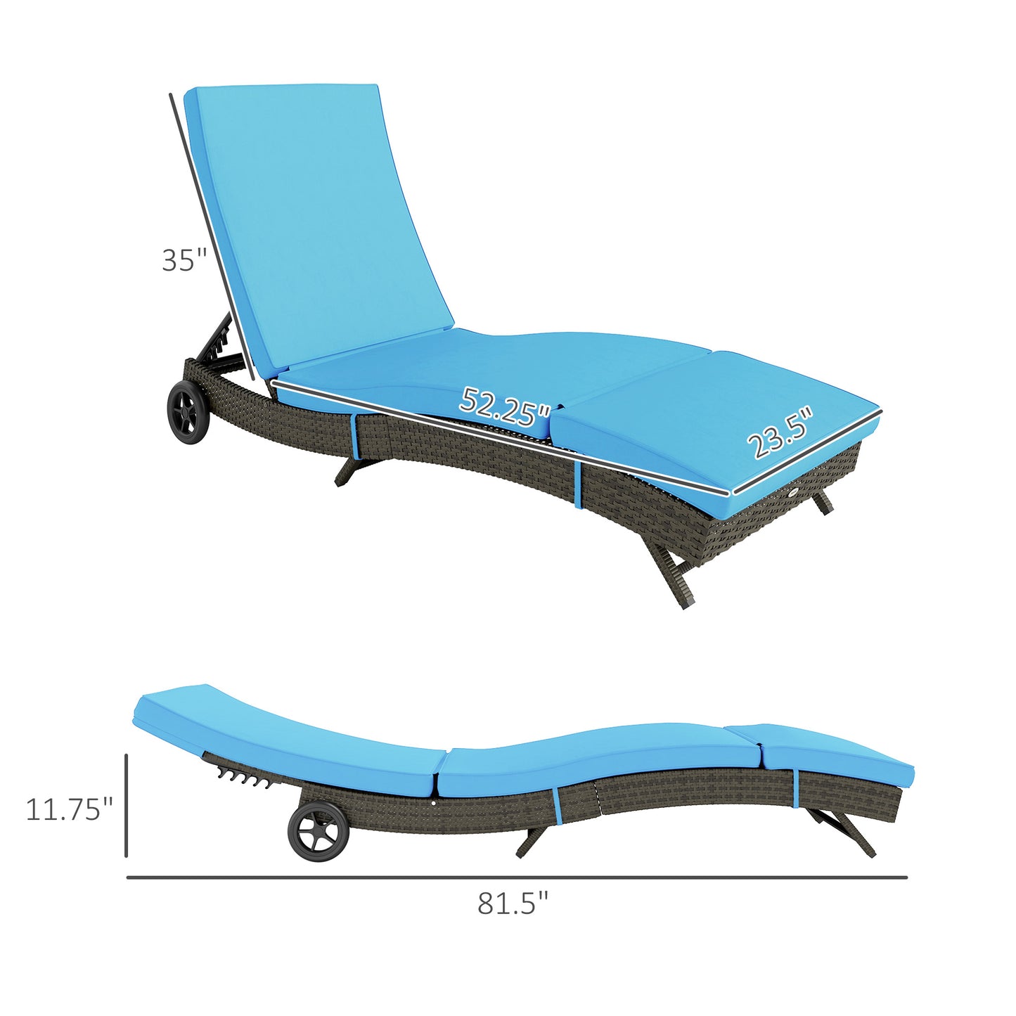 Outdoor Chaise Lounge Chair - Sky Blue PE Rattan with Wheels
