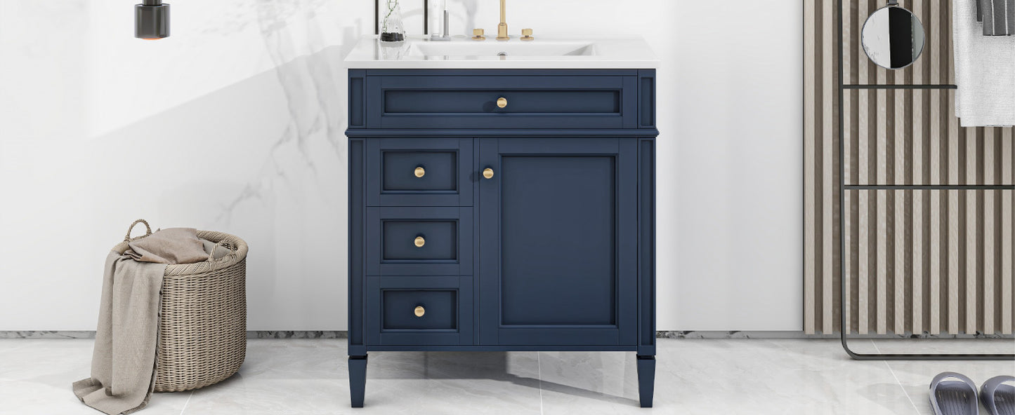 30'' Blue Bathroom Vanity with Ceramic Sink & Storage Drawers
