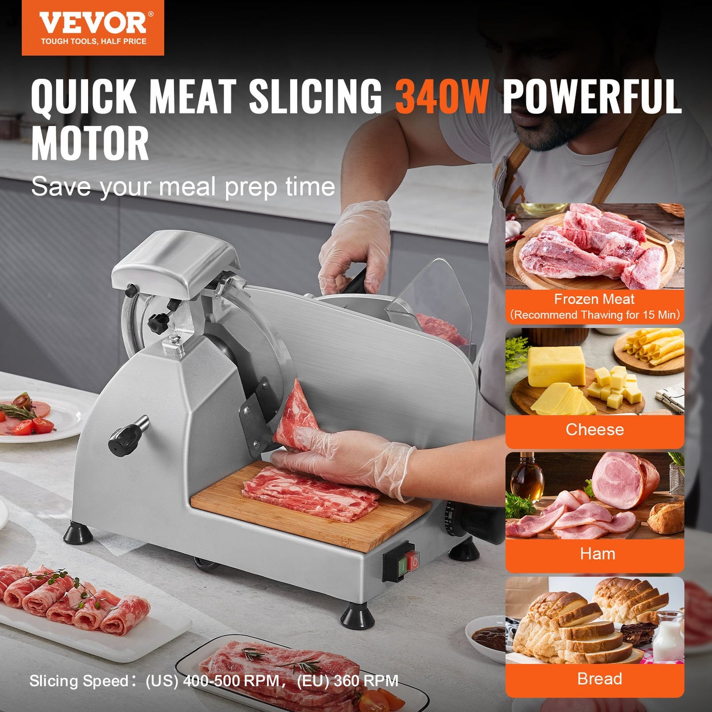 Electric Meat Slicer 340W with 10-Inch Stainless Steel Blade Adjustable Thickness