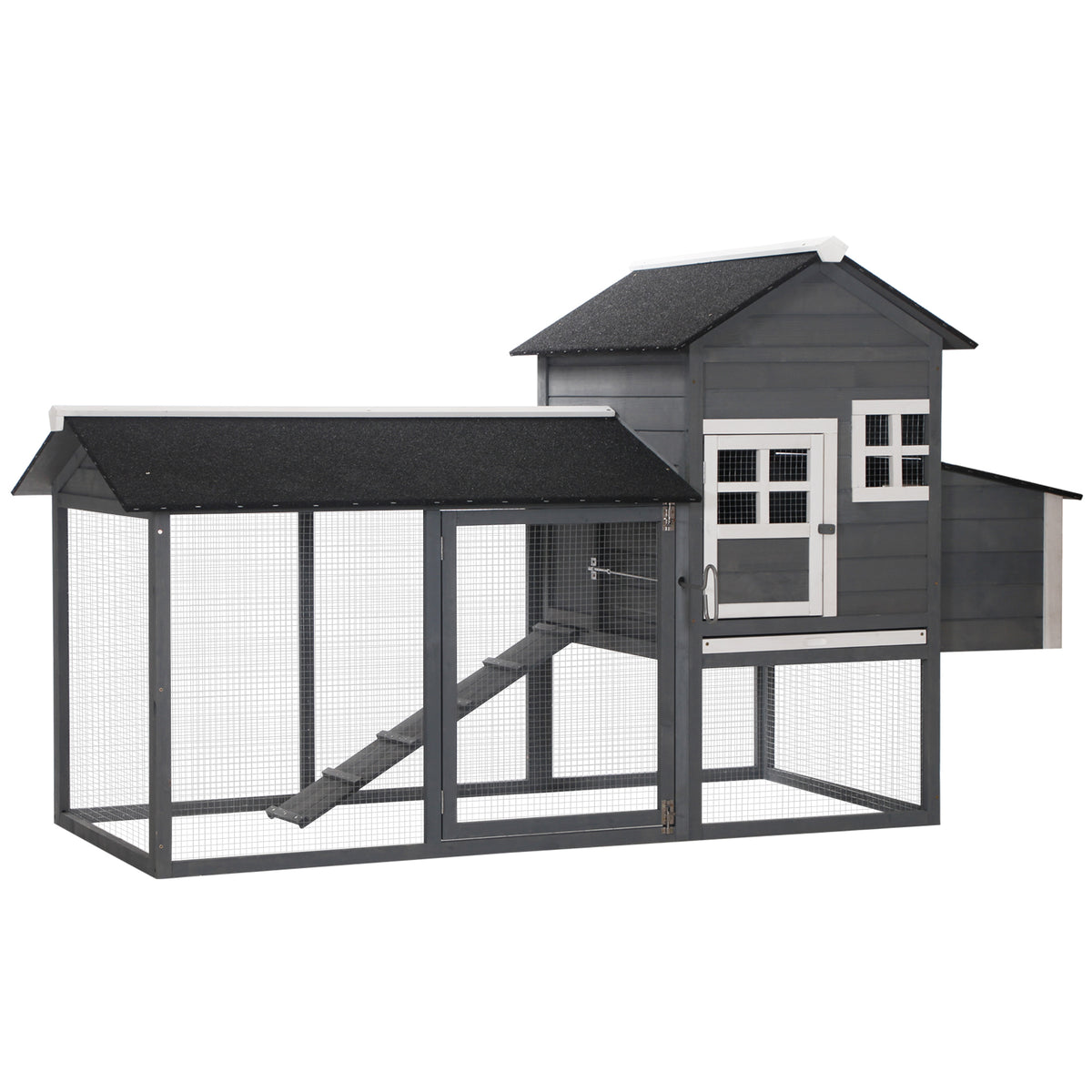 84-Inch Wooden Chicken Coop with Run and Nesting Box - Gray Outdoor Poultry House