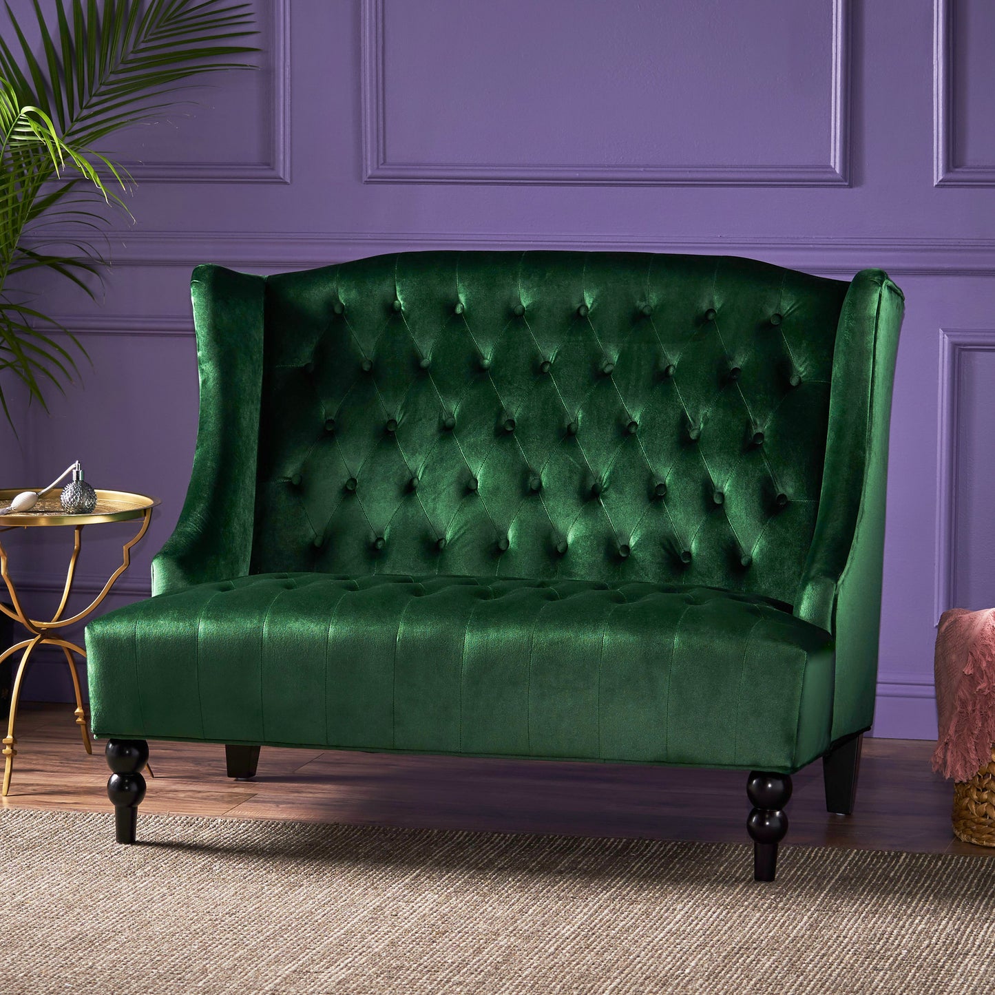 Emerald Velvet Loveseat with Wingback and Button-Tufted Design