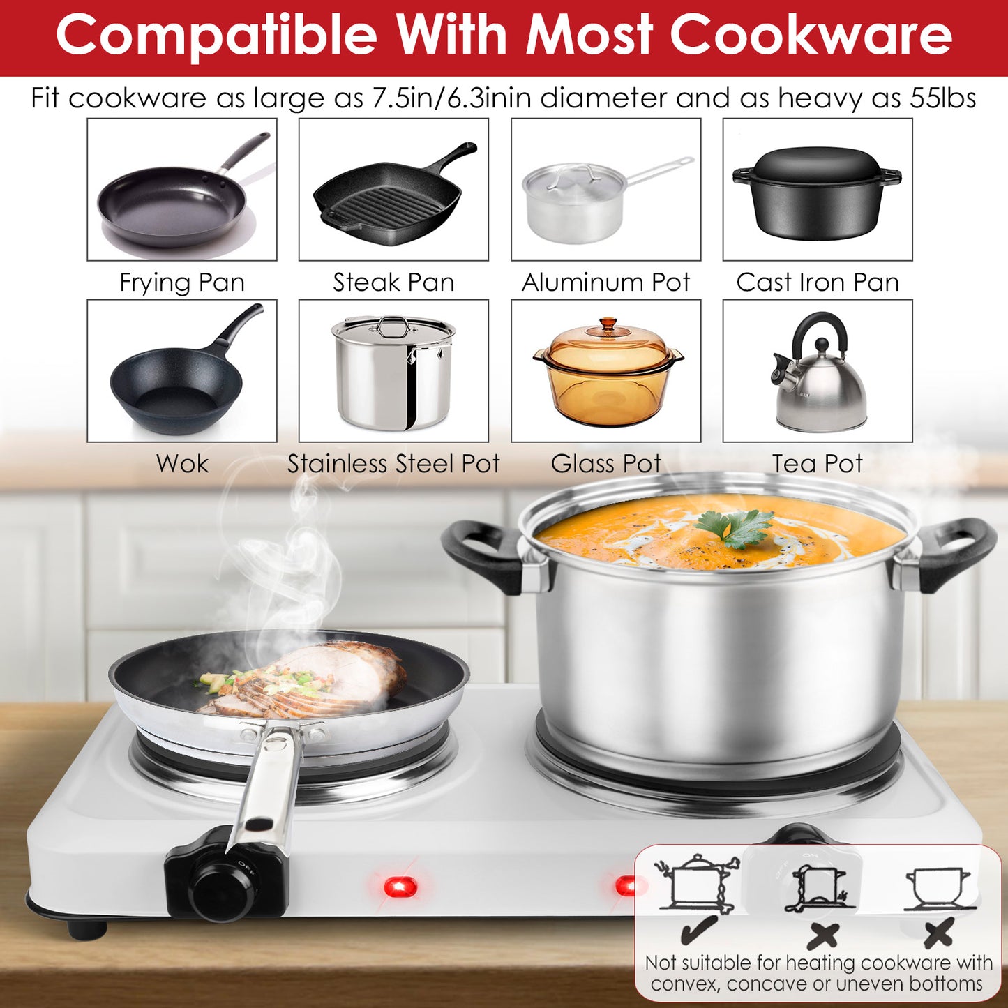 2000W Electric Infrared Dual Burner Hot Plate - Portable Cooking Stove