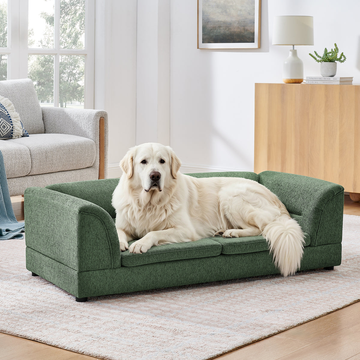 Oversized Pet Sofa Bed - Rectangular Linen Dog Couch for Large Dogs - Olive Green
