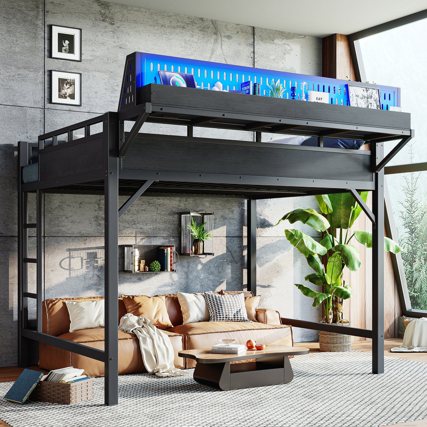 Queen Size Metal Loft Bed Frame with USB Ports & LED Lights