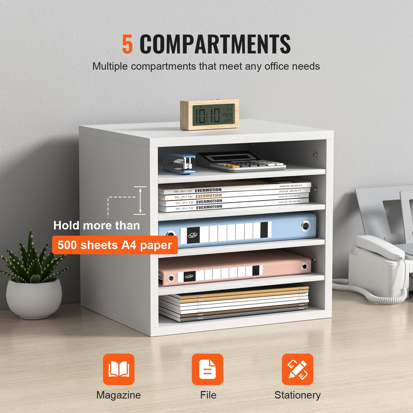 5-Compartment Wood Literature Organizer - Adjustable Shelves, White