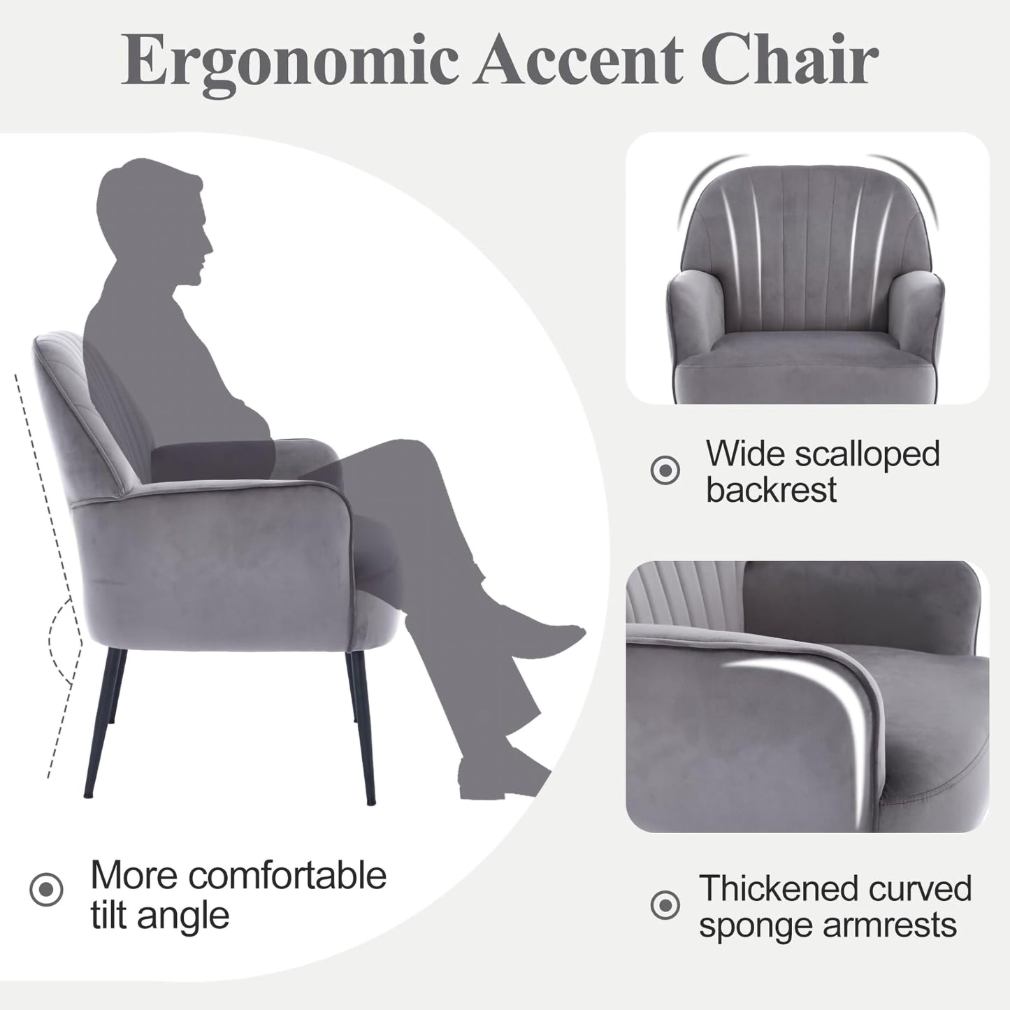 Modern Velvet Accent Chair with Metal Legs - Grey