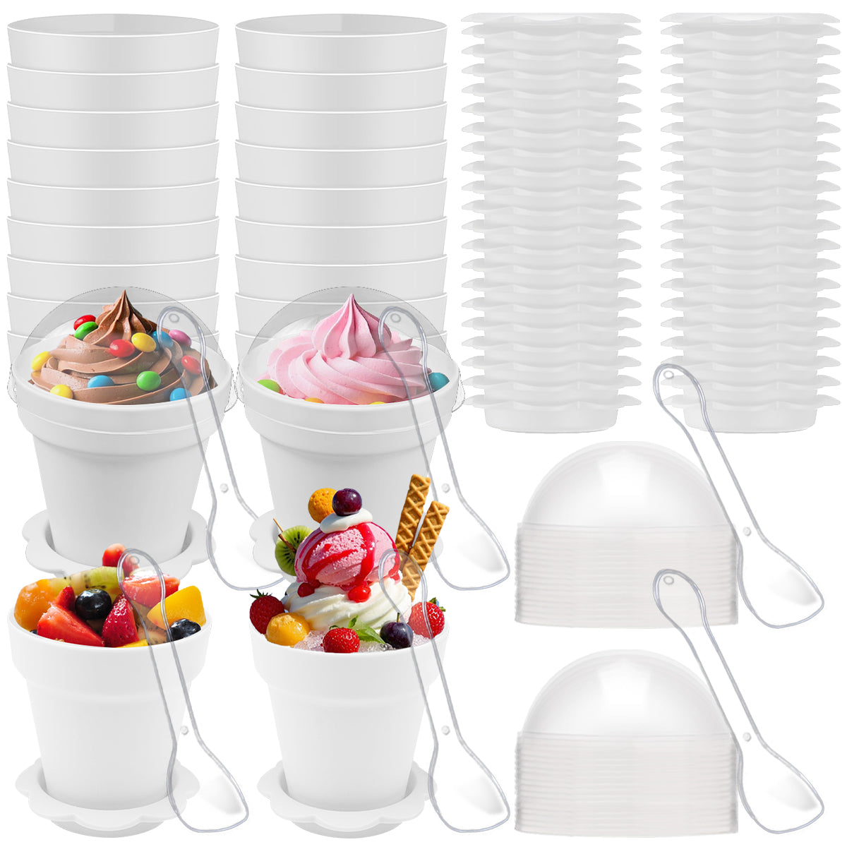 40 Pcs White Flowerpot Dessert Cups with Lids & Spoons