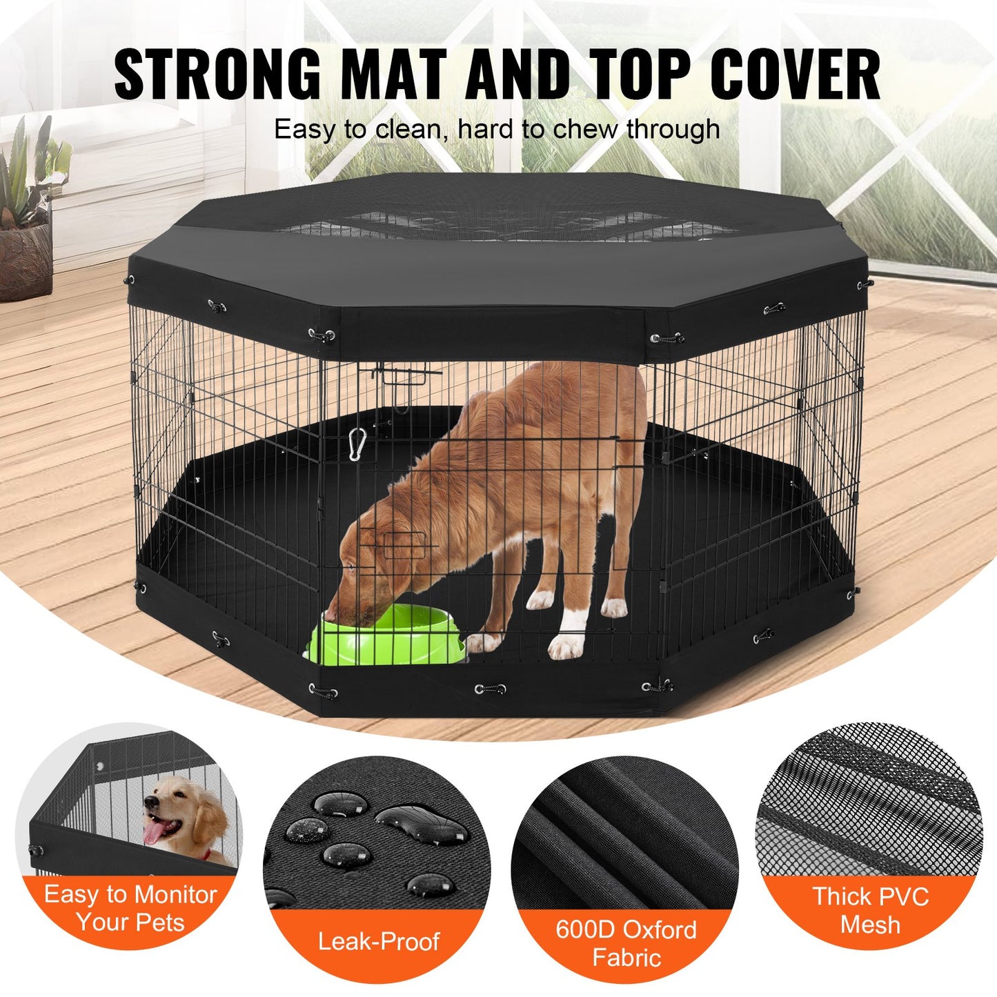 Foldable Metal Dog Playpen 8 Panels with Cover - 30 Inch High, Black
